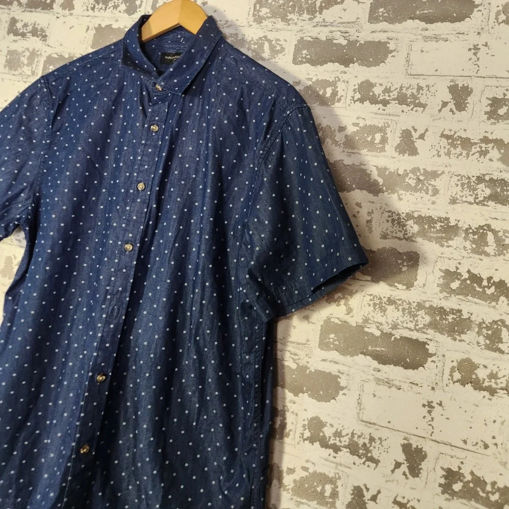 Banana Republic Mens Shirt Size L Button Up Navy Dot Print Short Sleeve Slim Fit